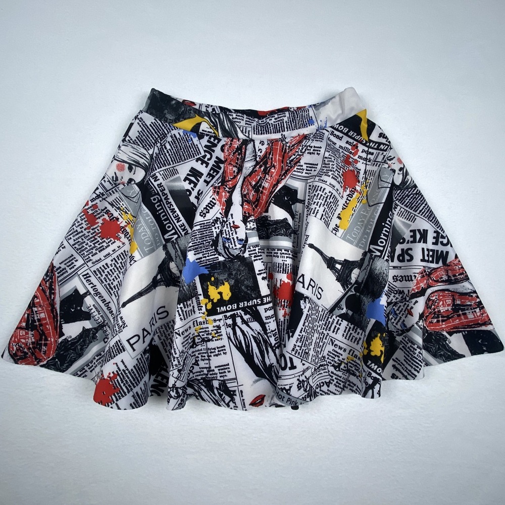 Rainbow Newspaper Print Skater Skirt Paris Fashion Graphic Mini Skirt Medium